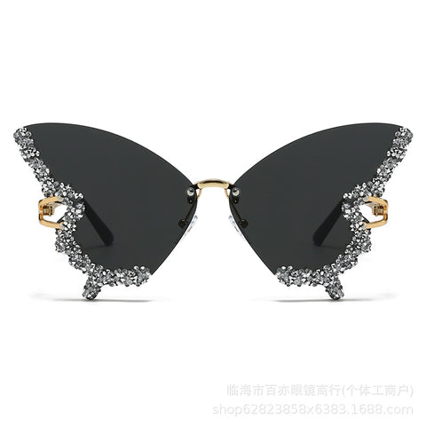 Cross-border New Butterfly Shape Diamond Rimless Sunglasses Women's Fashion Personality Exaggerated Sunglasses European And American Internet Red Broken Diamond