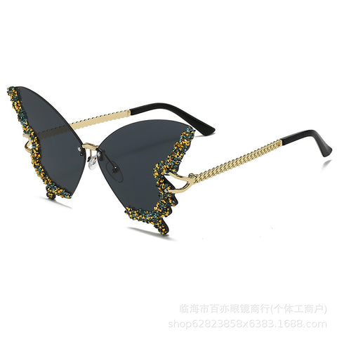 Cross-border New Butterfly Shape Diamond Rimless Sunglasses Women's Fashion Personality Exaggerated Sunglasses European And American Internet Red Broken Diamond